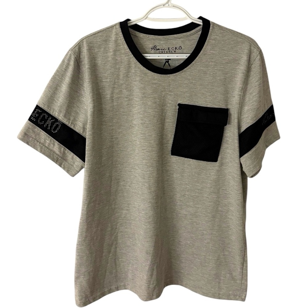 Mark Ecko Cut and Sew Grey tshirt with black mesh pocket and detailing XL